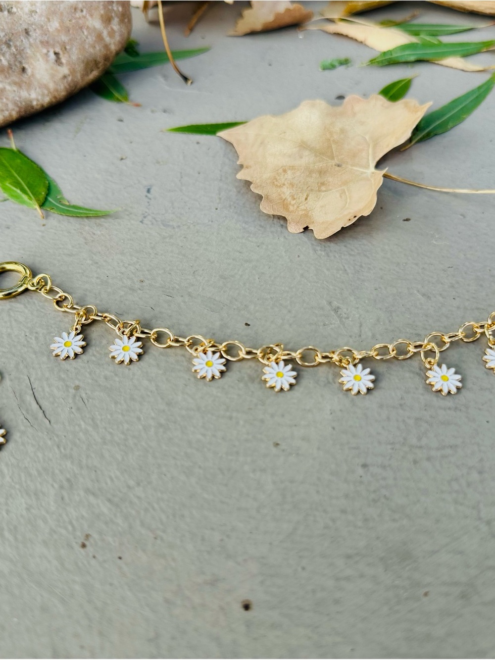 Gold Daisy Charm Bracelet with matching earring set- White Daisy Accents